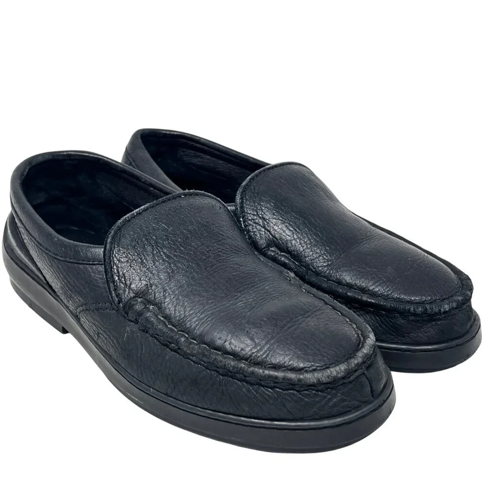 Minnetonka Mens Black Loafer Slip On Double Leather Shoes Size 8.5 -‎ Broken In
